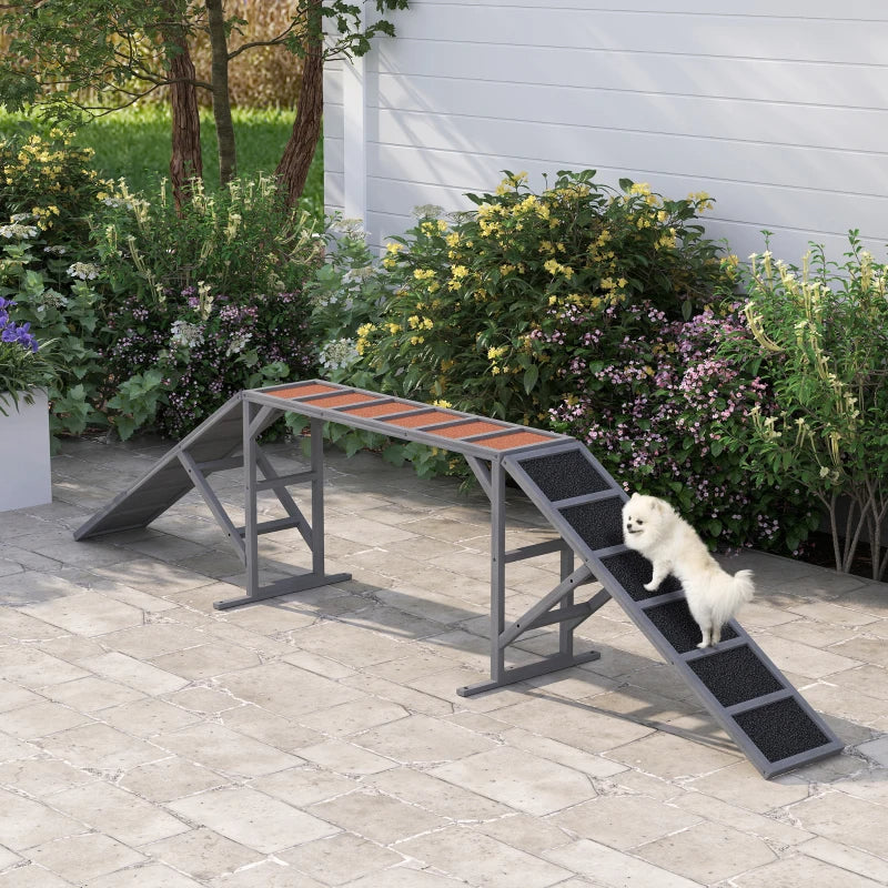 HKM-2734653 Gray Dog Agility Ramp with Safety Bar and Non-Slip Surface for Training, Supports Dogs up to 88 lbs