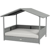 HKM-2734909 Outdoor Wicker Dog House with Canopy, Rattan Pet Bed and Water-Resistant Cushion for Small to Medium Breeds up to 66 lbs