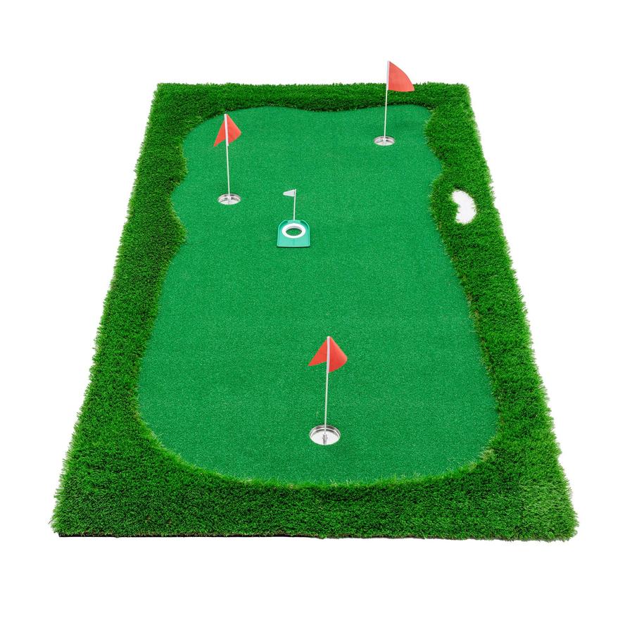 HKM-273491 Indoor Outdoor Golf Putting Green - 10x5 FT Training Mat with 3 Holes, Flags and Cups
