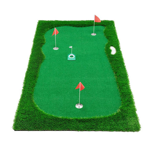 HKM-273491 Indoor Outdoor Golf Putting Green - 10x5 FT Training Mat with 3 Holes, Flags and Cups