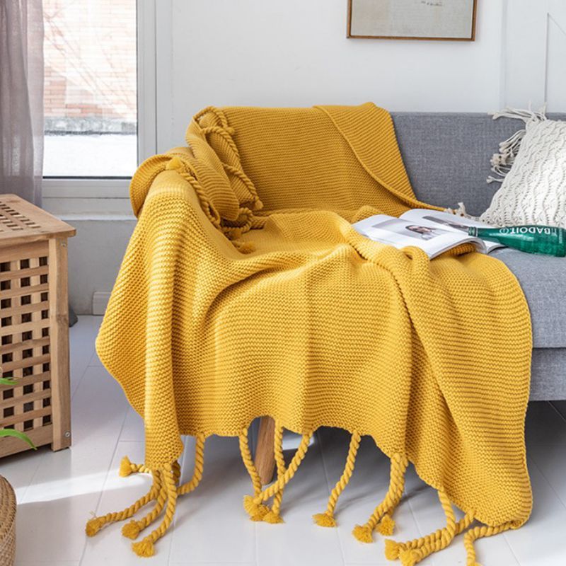 HKM-273619 Knitted Tassel Sofa Blanket - Polyester Fiber, 130x170cm & 150x200cm Options