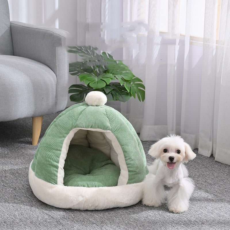 HKM-2736317 Half Enclosed Pet Bed for Dogs and Cats in Green and Gray - Available in Small and Large Sizes