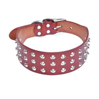 HKM-274003 Cowhide Diamond Point Dog Collar with Alloy Buckle - Anti-Bite Neckband in Black and Red-Brown
