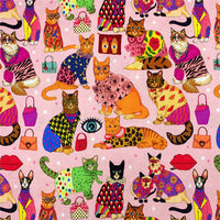 HKM-274131 Handmade Cat Print Patchwork Shirt Scarf Dress for Children - Cotton, Green and Pink