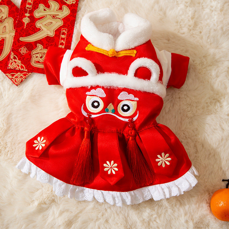 HKM-2746557 Lunar New Year Lion Dance Pet Outfit for Dogs and Cats - Warm Cotton-Padded Clothing with Traditional Embroidery and Tassels
