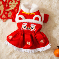 HKM-2746557 Lunar New Year Lion Dance Pet Outfit for Dogs and Cats - Warm Cotton-Padded Clothing with Traditional Embroidery and Tassels