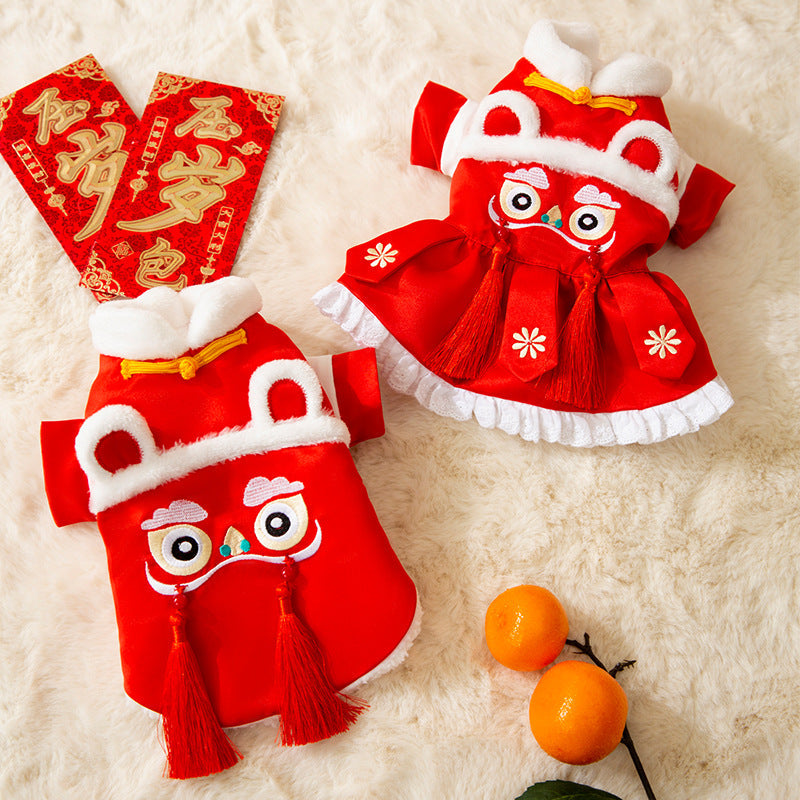 HKM-2746557 Lunar New Year Lion Dance Pet Outfit for Dogs and Cats - Warm Cotton-Padded Clothing with Traditional Embroidery and Tassels