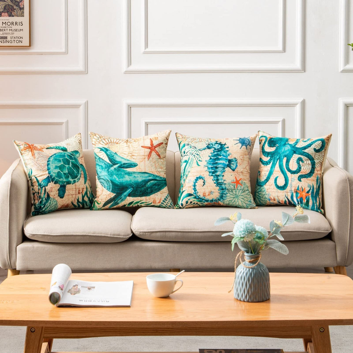 HKM-274835 Sea Turtle Printed Cushion Cover – Linen Throw Pillow Case for Home Decor, 45x45cm