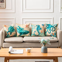 HKM-274835 Sea Turtle Printed Cushion Cover – Linen Throw Pillow Case for Home Decor, 45x45cm