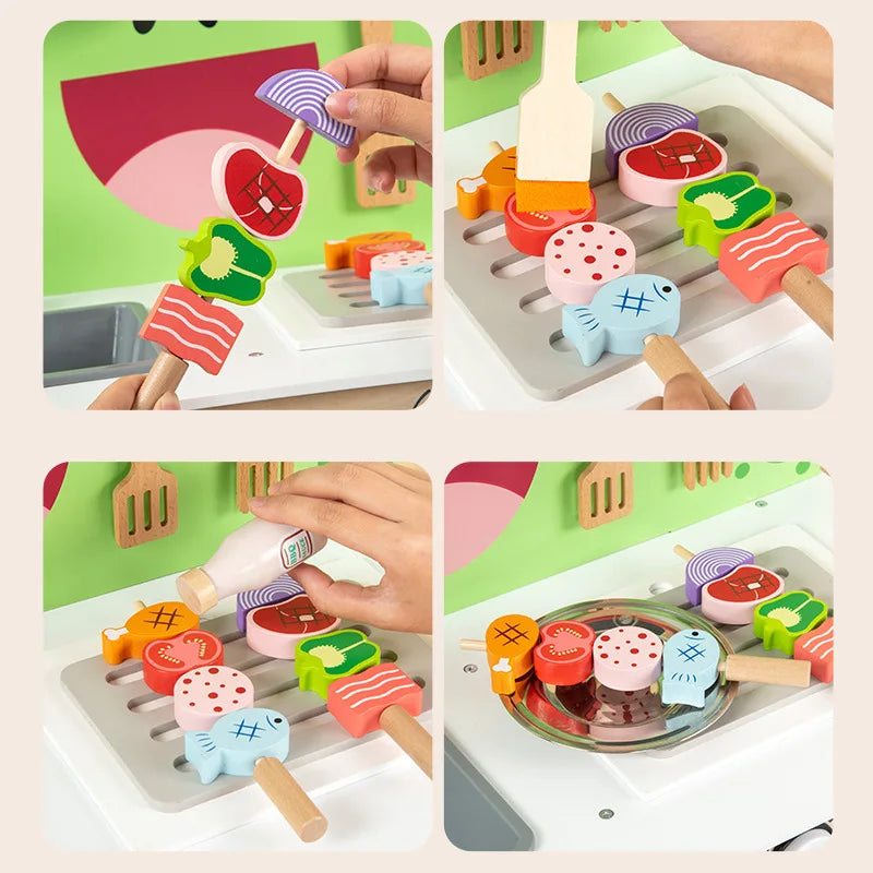 HKM-274899 Wooden Kitchen Role Play Toy for Toddlers, Pretend Cooking Set for Children