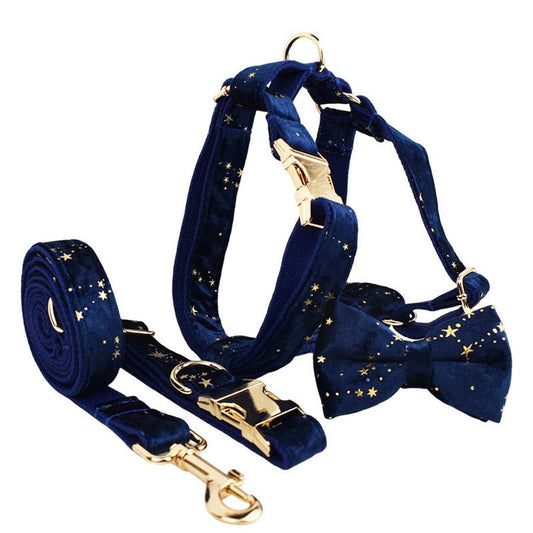 HKM-275475 Velvet Fabric Adjustable Dog Collar with Accessories and Leash