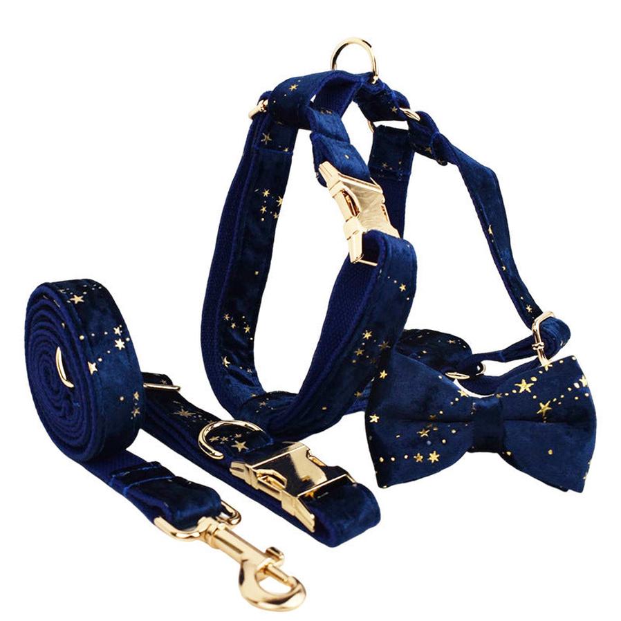 HKM-275475 Velvet Fabric Adjustable Dog Collar with Accessories and Leash