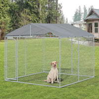 HKM-2757181 Secure Outdoor Dog Kennel with Galvanized Steel Fence and Roof, 9.8' x 9.8' x 7.7' for Large Breeds