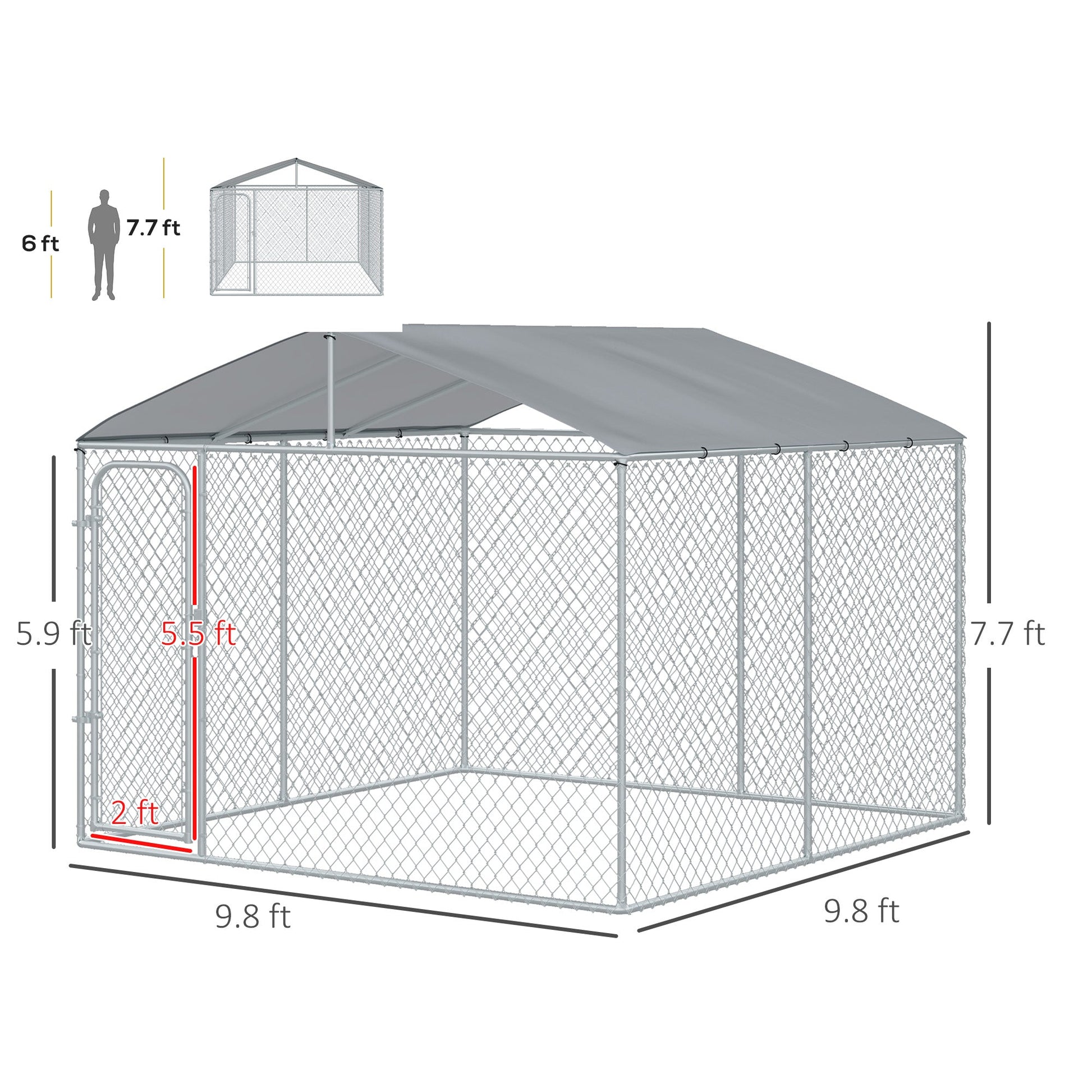 HKM-2757181 Secure Outdoor Dog Kennel with Galvanized Steel Fence and Roof, 9.8' x 9.8' x 7.7' for Large Breeds