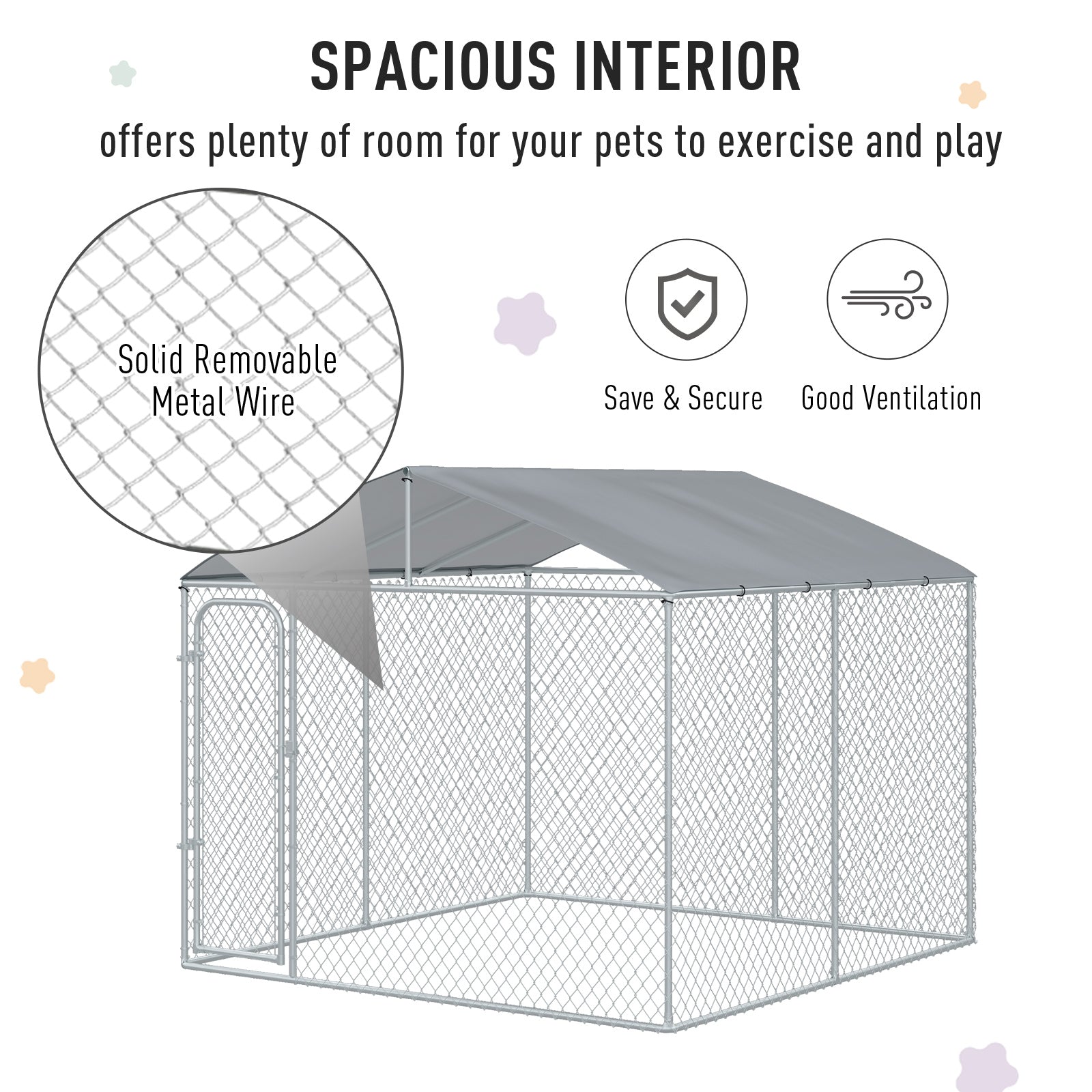 HKM-2757181 Secure Outdoor Dog Kennel with Galvanized Steel Fence and Roof, 9.8' x 9.8' x 7.7' for Large Breeds