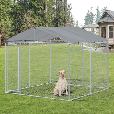 HKM-2757181 Secure Outdoor Dog Kennel with Galvanized Steel Fence and Roof, 9.8' x 9.8' x 7.7' for Large Breeds