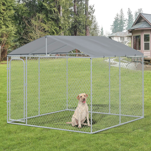 HKM-2757181 Secure Outdoor Dog Kennel with Galvanized Steel Fence and Roof, 9.8' x 9.8' x 7.7' for Large Breeds