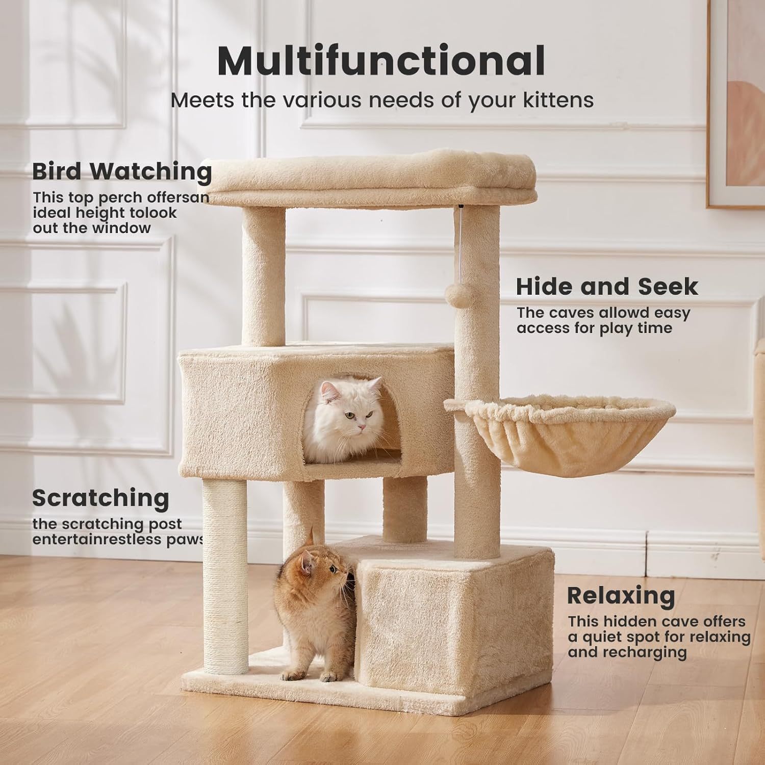 HKM-2758973 Large Cat Tree with Heavy-Duty Scratch Post and Washable Perch for Medium to Large Cats