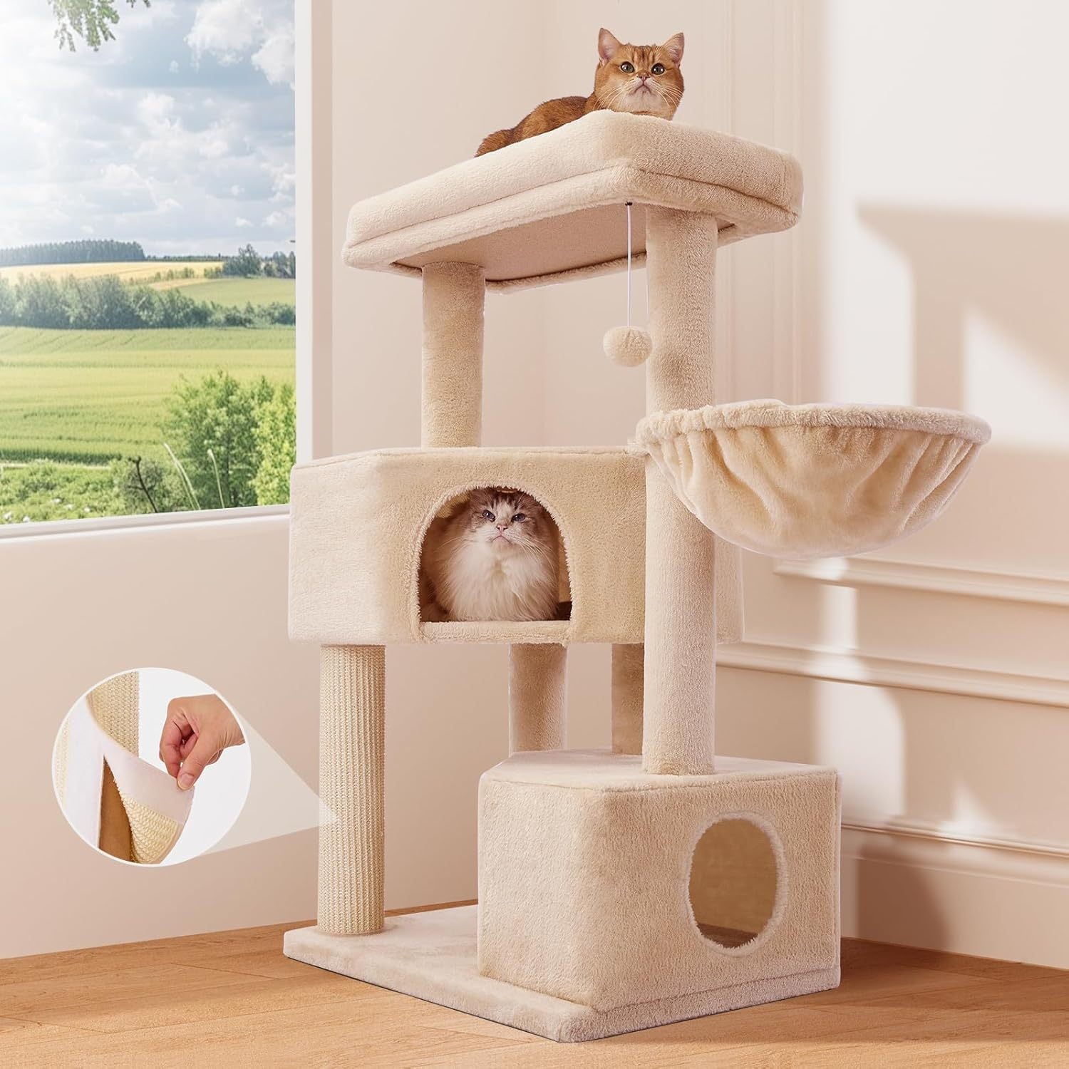 HKM-2758973 Large Cat Tree with Heavy-Duty Scratch Post and Washable Perch for Medium to Large Cats