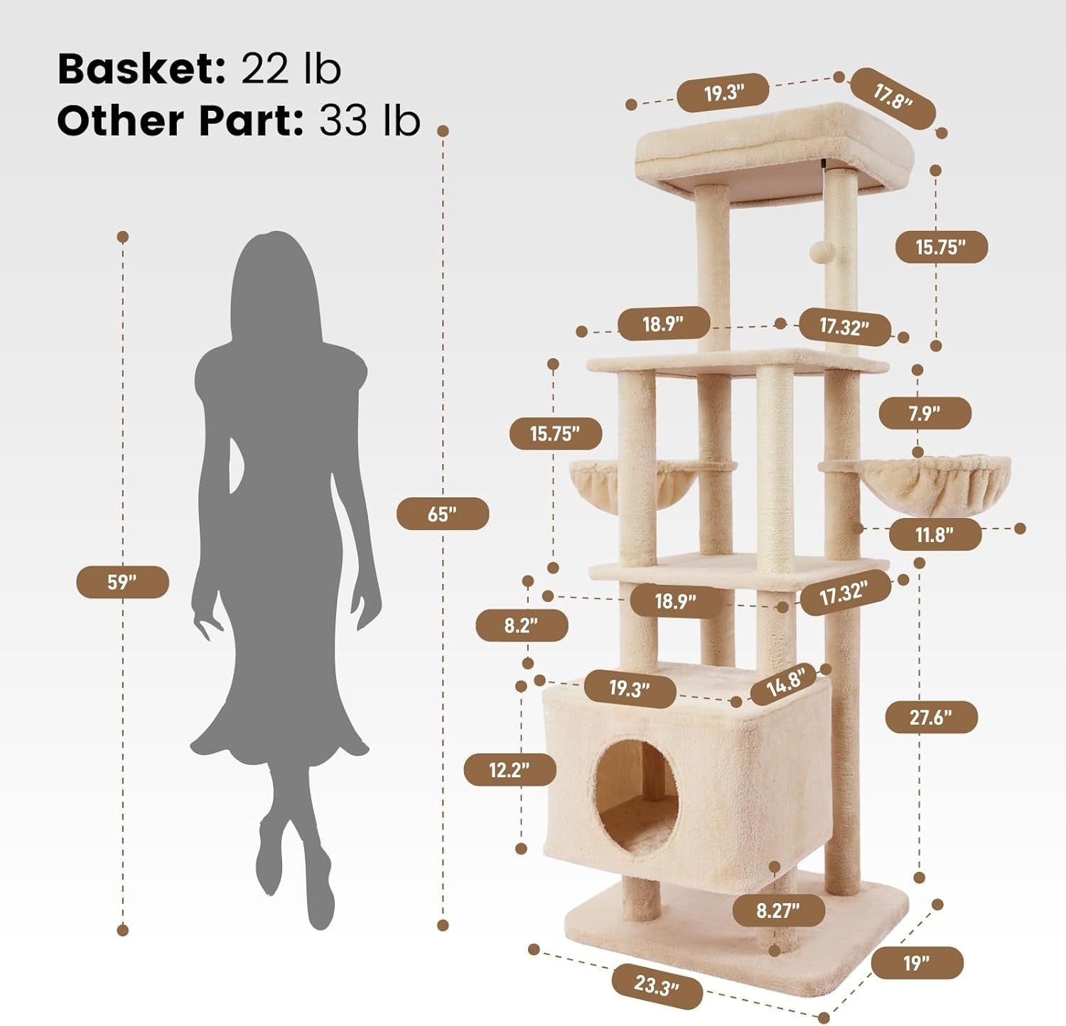 HKM-2758973 Large Cat Tree with Heavy-Duty Scratch Post and Washable Perch for Medium to Large Cats