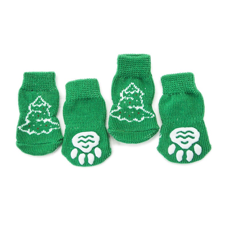 HKM-2760125 Non-Slip Cotton Dog Socks - Green Christmas Tree Design for All Seasons