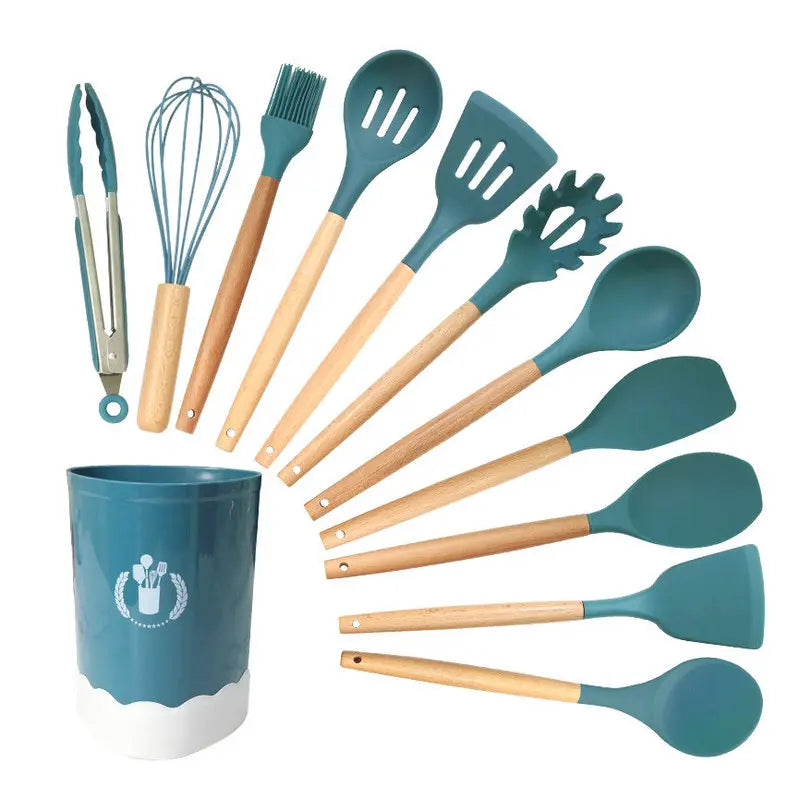 HKM-276307 Custom Silicone Kitchen Utensils Set with Wooden Handles, BPA Free Cooking Tools