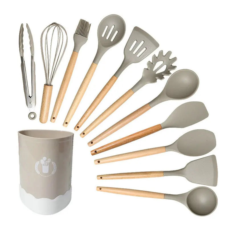 HKM-276307 Custom Silicone Kitchen Utensils Set with Wooden Handles, BPA Free Cooking Tools