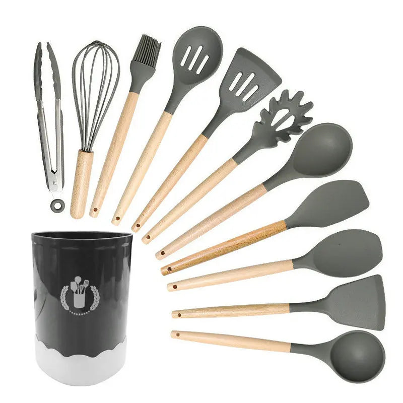 HKM-276307 Custom Silicone Kitchen Utensils Set with Wooden Handles, BPA Free Cooking Tools