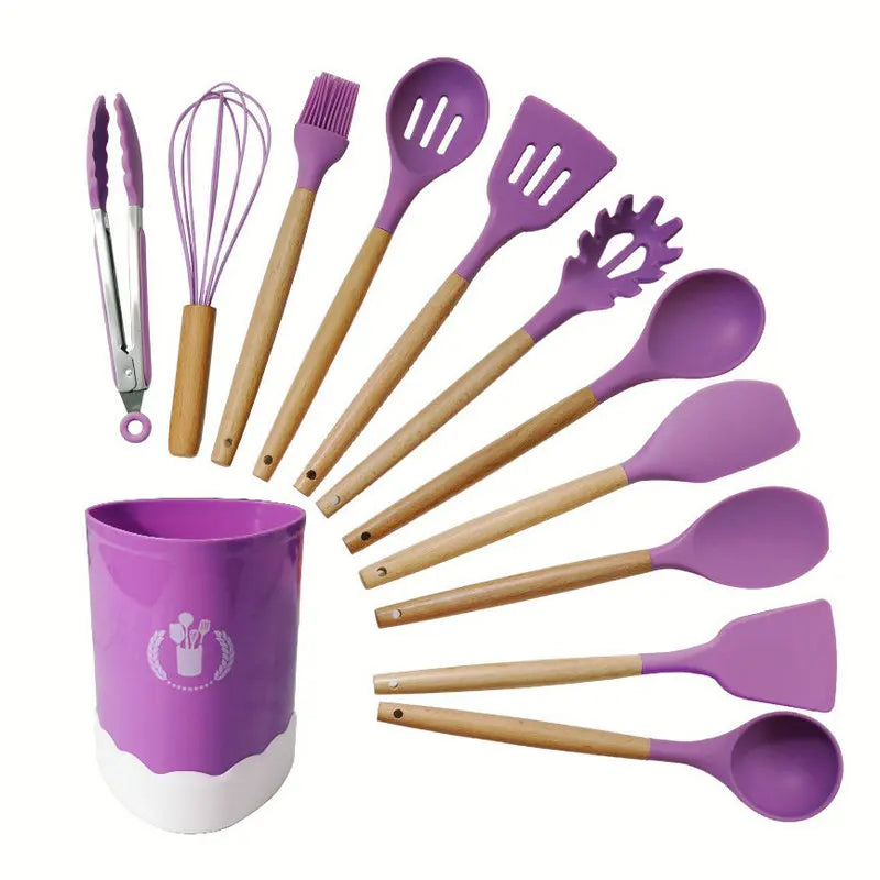 HKM-276307 Custom Silicone Kitchen Utensils Set with Wooden Handles, BPA Free Cooking Tools