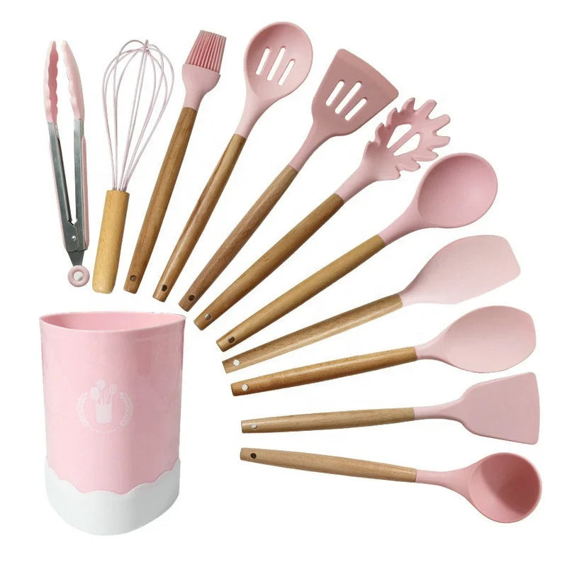 HKM-276307 Custom Silicone Kitchen Utensils Set with Wooden Handles, BPA Free Cooking Tools