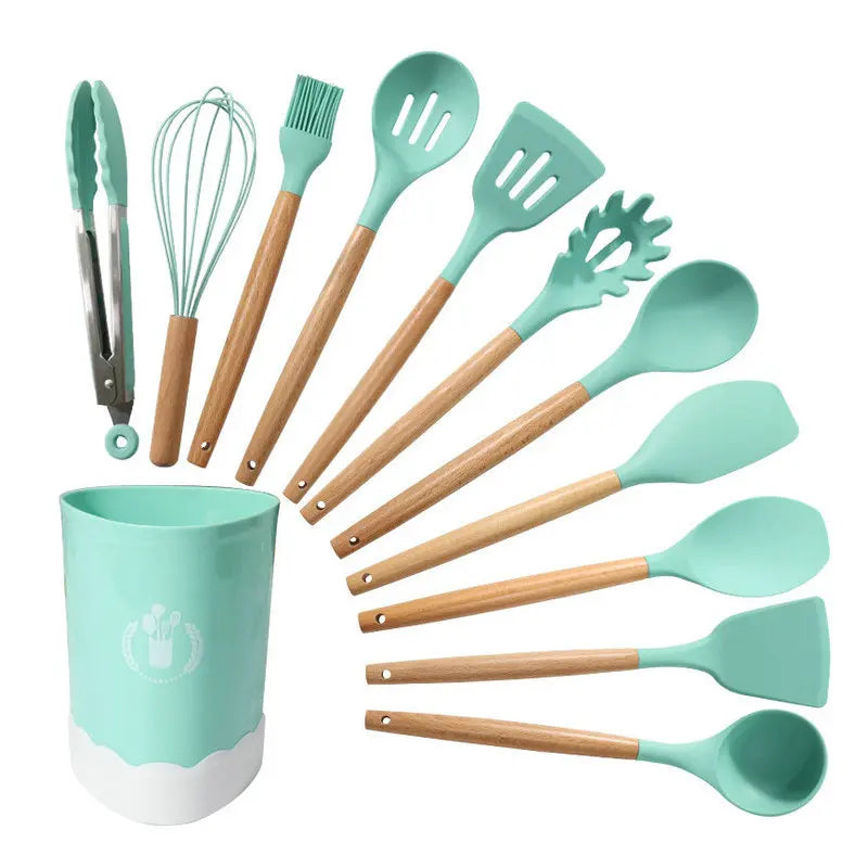HKM-276307 Custom Silicone Kitchen Utensils Set with Wooden Handles, BPA Free Cooking Tools