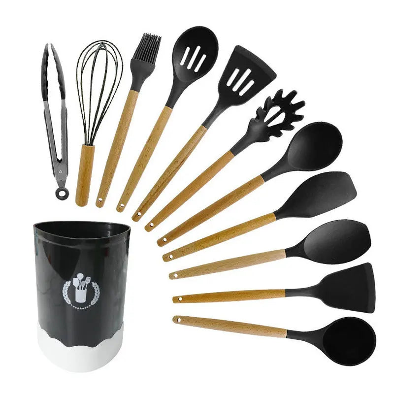 HKM-276307 Custom Silicone Kitchen Utensils Set with Wooden Handles, BPA Free Cooking Tools
