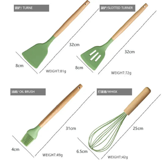 HKM-276307 Custom Silicone Kitchen Utensils Set with Wooden Handles, BPA Free Cooking Tools
