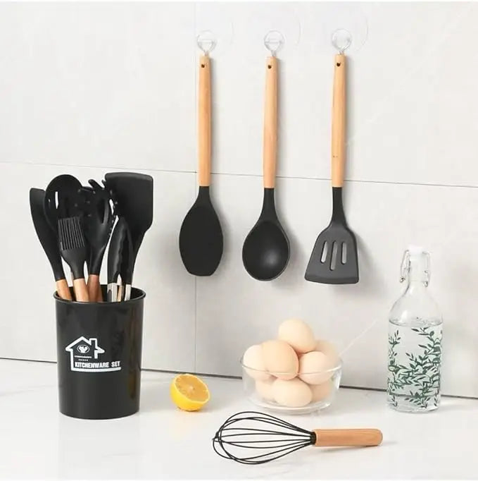HKM-276307 Custom Silicone Kitchen Utensils Set with Wooden Handles, BPA Free Cooking Tools