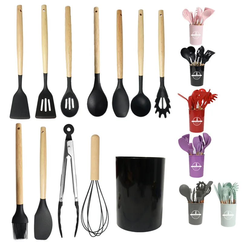 HKM-276307 Custom Silicone Kitchen Utensils Set with Wooden Handles, BPA Free Cooking Tools
