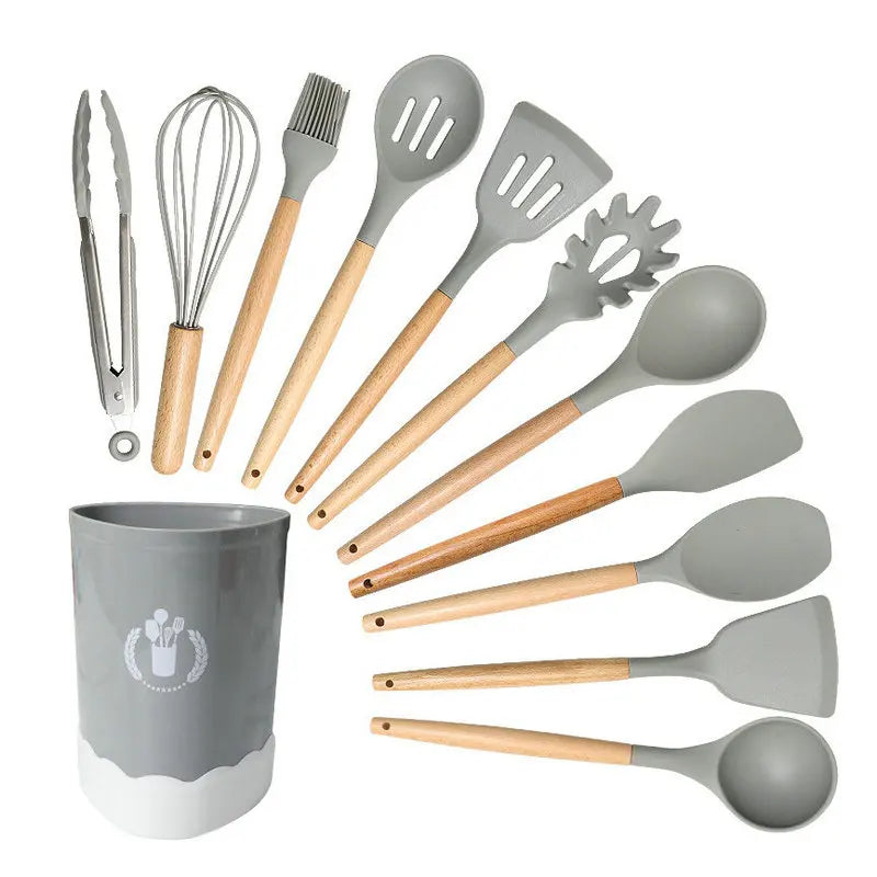 HKM-276307 Custom Silicone Kitchen Utensils Set with Wooden Handles, BPA Free Cooking Tools