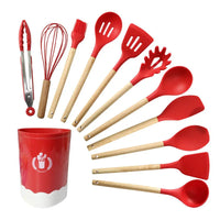 HKM-276307 Custom Silicone Kitchen Utensils Set with Wooden Handles, BPA Free Cooking Tools