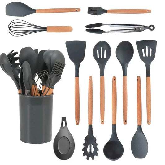 HKM-276307 Custom Silicone Kitchen Utensils Set with Wooden Handles, BPA Free Cooking Tools