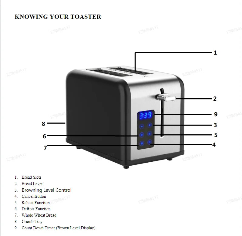 HKM-276499 Smart Touch Screen LED Display 2-Slice Electric Toaster with Dust Cover for Perfect Breakfast Toasting
