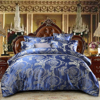 HKM-276755 Four-Piece Dark Blue Cotton Satin Jacquard Quilt Cover Set for 1.8m Beds