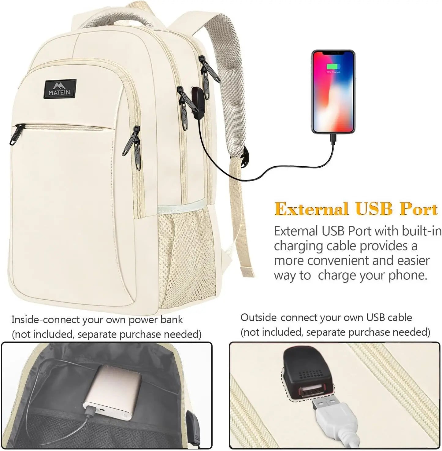 HKM-276819 Unisex Waterproof Notebook Backpack with USB Charging Port for Business Travel