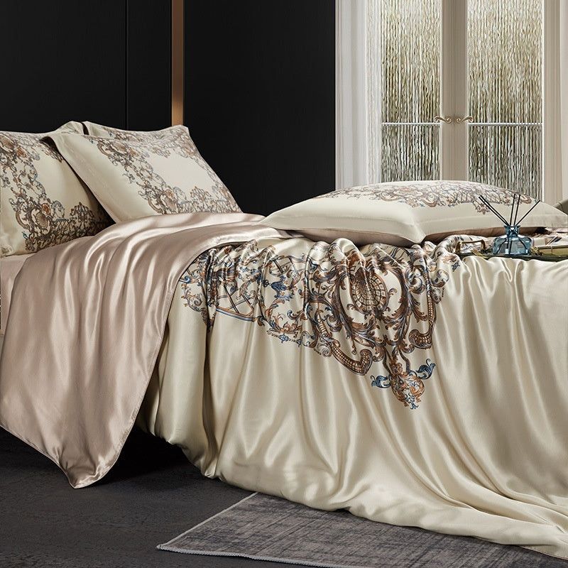 HKM-277075 Silk Four-Piece Bedding Set with Quilt Cover, Bed Sheet, and Pillowcases