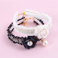 HKM-2771005 Hand-Woven Adjustable Cat Collar with Bell and Pearl Flower Design in Various Colors