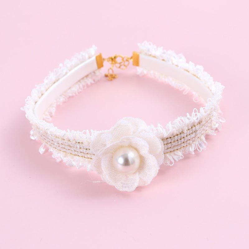 HKM-2771005 Hand-Woven Adjustable Cat Collar with Bell and Pearl Flower Design in Various Colors