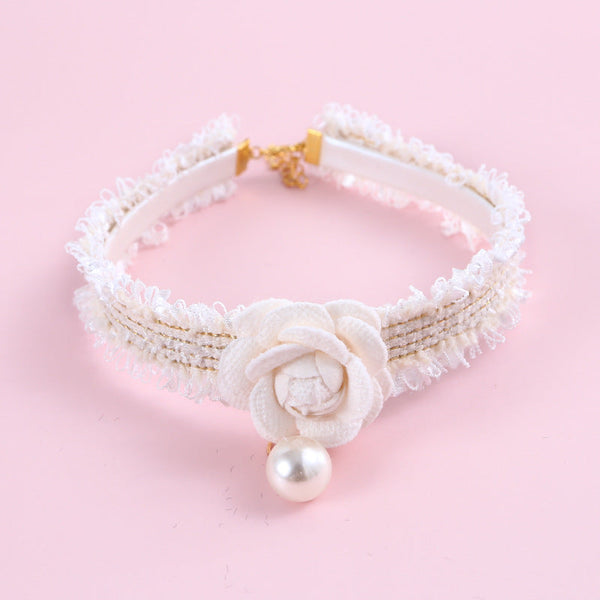 HKM-2771005 Hand-Woven Adjustable Cat Collar with Bell and Pearl Flower Design in Various Colors
