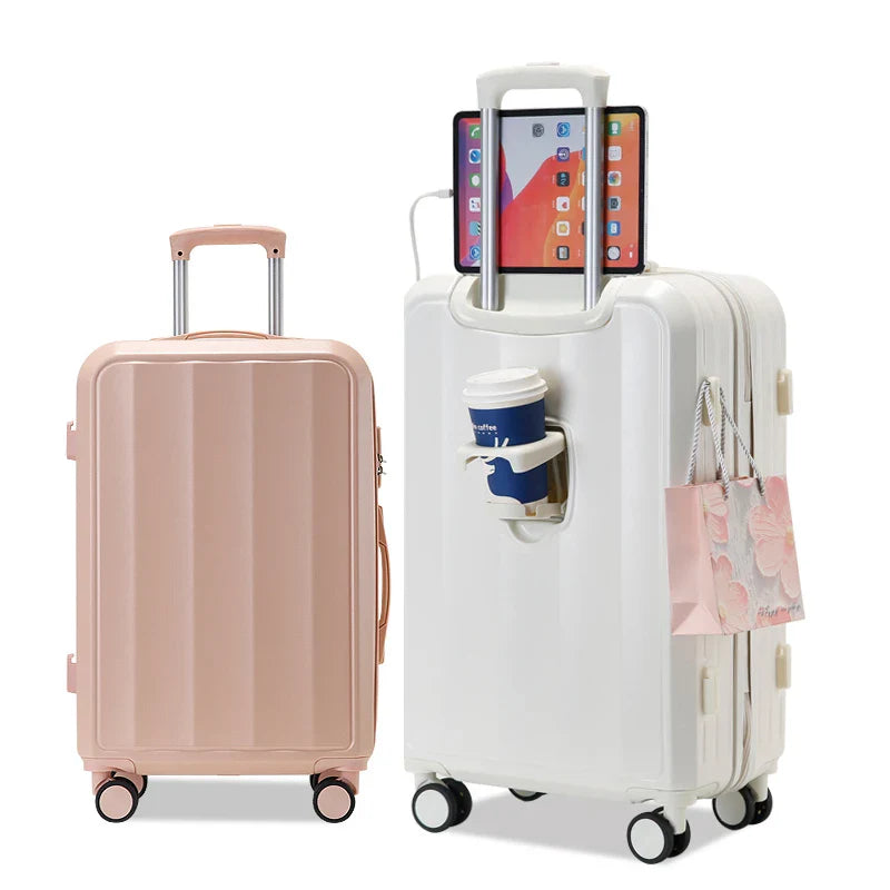 HKM-277139 Travel Spinner Luggage Set - 3 Piece Medium Size Trolley Suitcases with USB Port and Leather Details