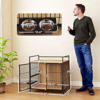 HKM-2772669 30 Inch Dog Crate Side Table with Rotating Bowls and Anti-Escape Doors for Medium Dogs, Oak Finish