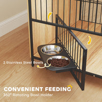 HKM-2772669 30 Inch Dog Crate Side Table with Rotating Bowls and Anti-Escape Doors for Medium Dogs, Oak Finish