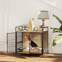 HKM-2772669 30 Inch Dog Crate Side Table with Rotating Bowls and Anti-Escape Doors for Medium Dogs, Oak Finish