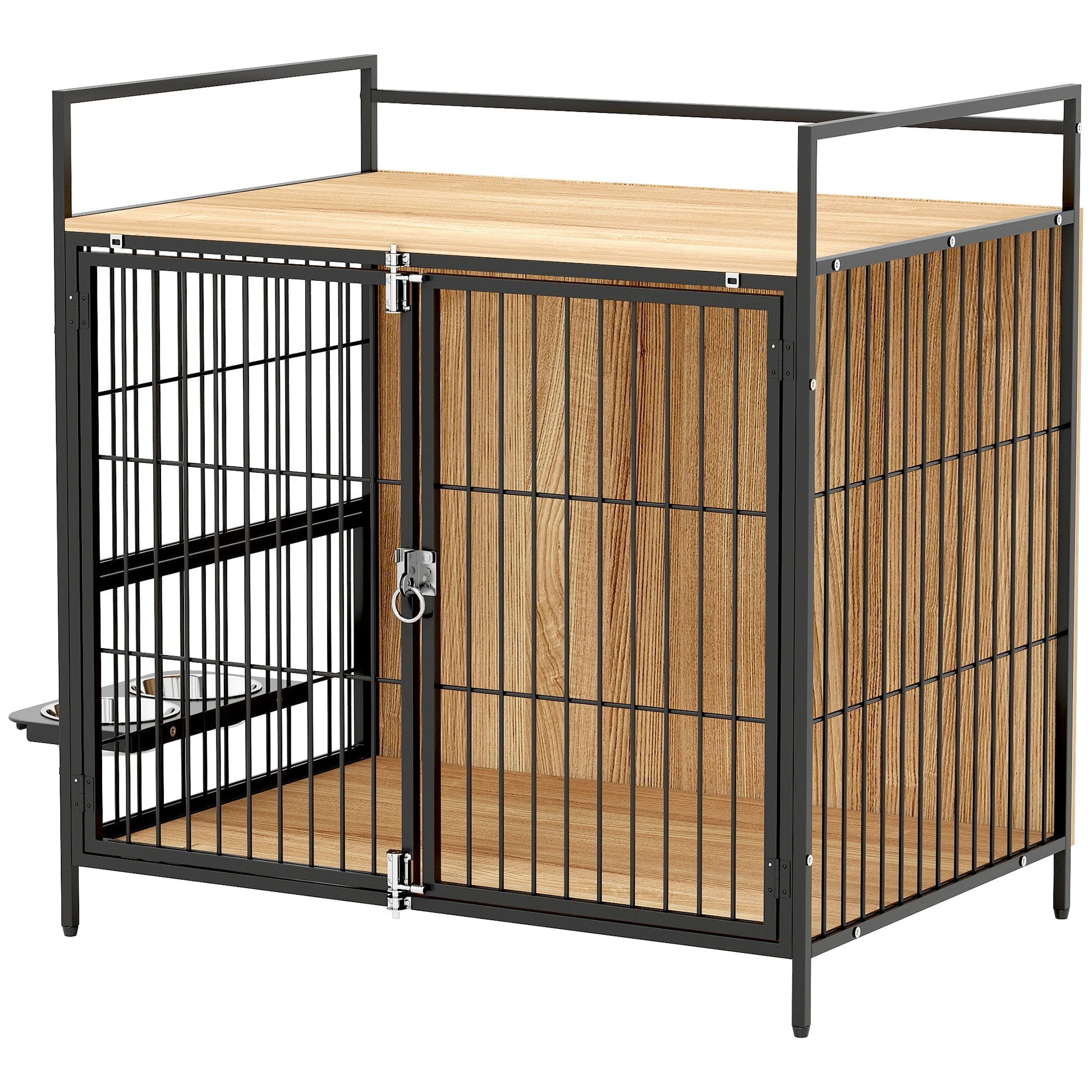 HKM-2772669 30 Inch Dog Crate Side Table with Rotating Bowls and Anti-Escape Doors for Medium Dogs, Oak Finish